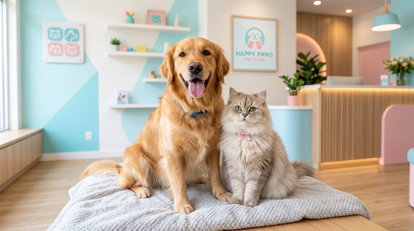 Cachorro Golden e Gato felizes na recepção moderna da Patinhas Pet